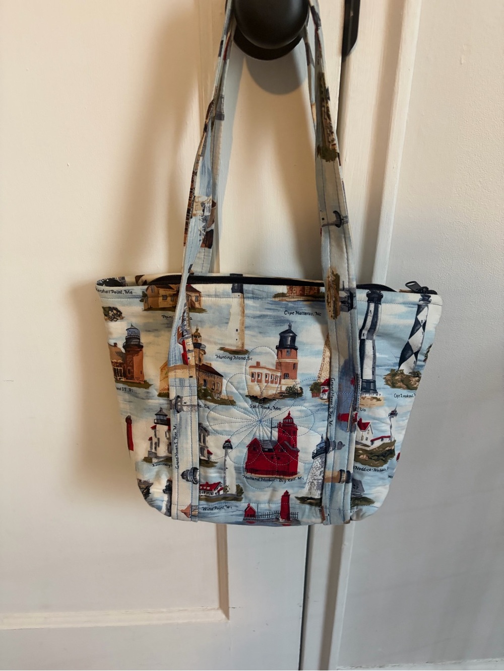 Quilted Lighthouse Print Tote Bag in Light Blue and Red